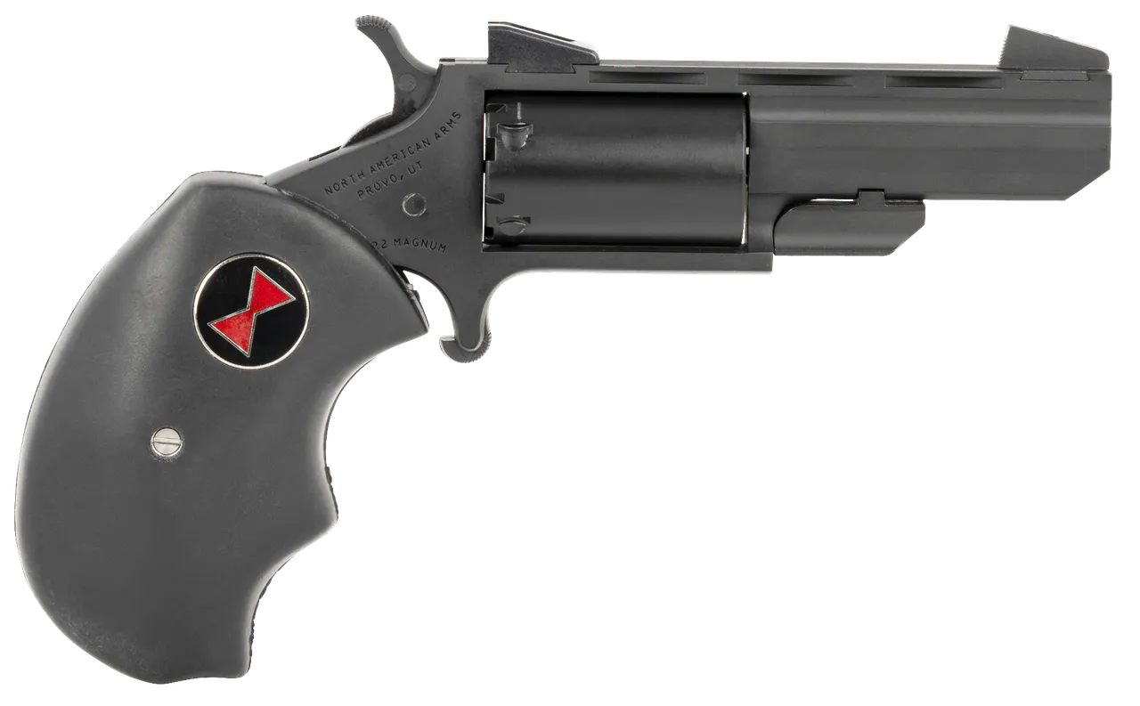 North American Arms BWMCRK Black Widow 22 WMR 5 Shot 2" Matte Black Heavy Vent Rib Barrel, Matte Black Cerakote Stainless Steel Frame, Black Cylinder, Black Finger Grooved Rubber Grip, Exposed Hammer