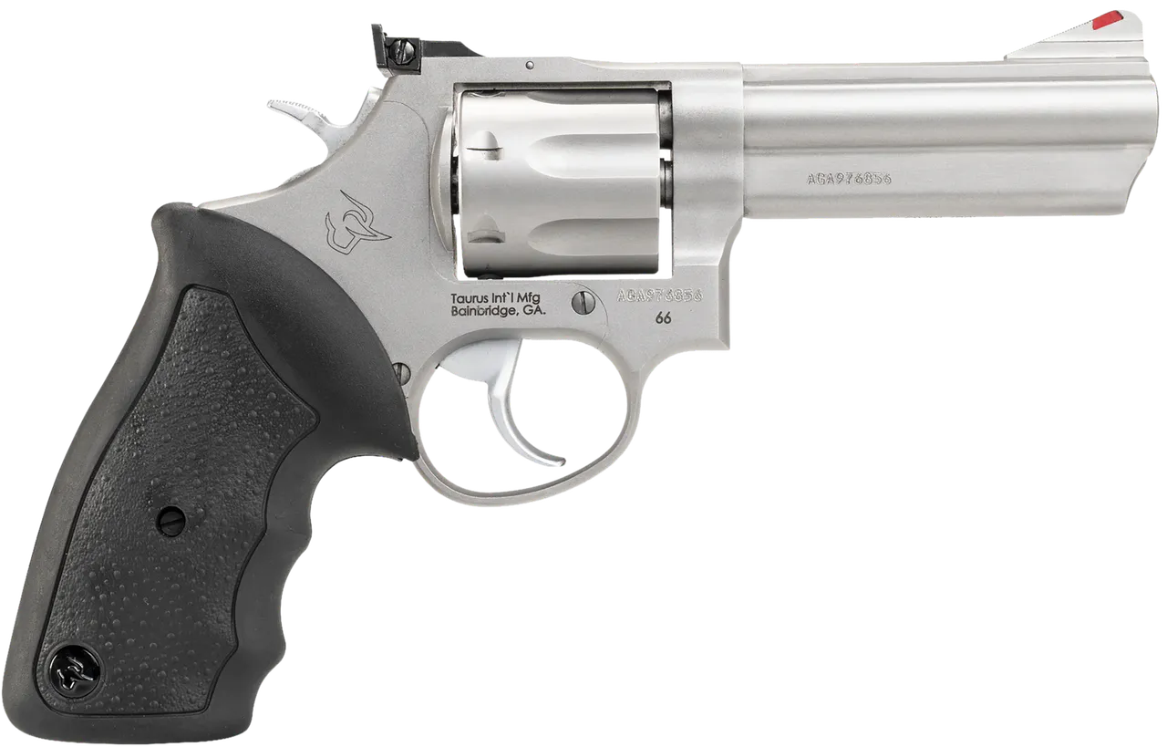 Taurus 2-660049 66  Medium 357 Mag/38 Special +P 7 Shot 4" Matte Stainless Steel Barrel, Cylinder & Frame, Black Finger Grooved Rubber Grip, Transfer Bar Safety, Exposed Hammer