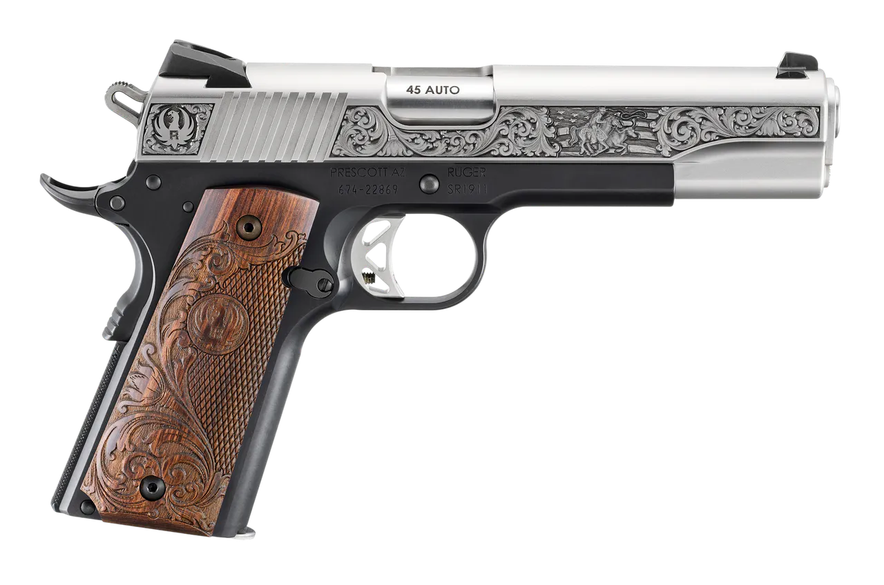 Ruger 16706 SR1911 Limited Edition 45 ACP 8+1 5" Stainless Steel Barrel, Low-Glare Stainless Steel Serrated w/Engraving Slide, Black Anodized Aluminum Frame w/Beavertail, Custom Wood Engraved Grip