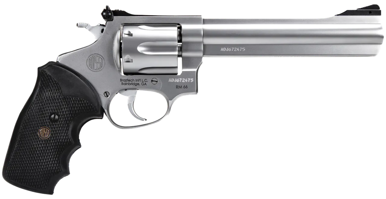 Rossi 2RM669 RM66 357 Mag 6 Shot 6" Satin Stainless Steel Barrel, Cylinder & Frame Black Checkered Rubber Grip