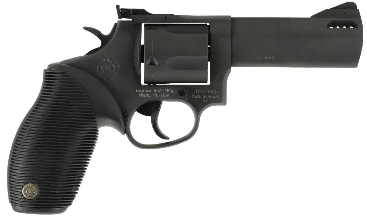 Taurus 2-440041TKR Tracker 44 Medium 44 Rem Mag 5 Shot 4" Matte Black Oxide Ported Barrel, Cylinder & Frame, Black Ribber Grip, Transfer Bar Safety, Exposed Hammer