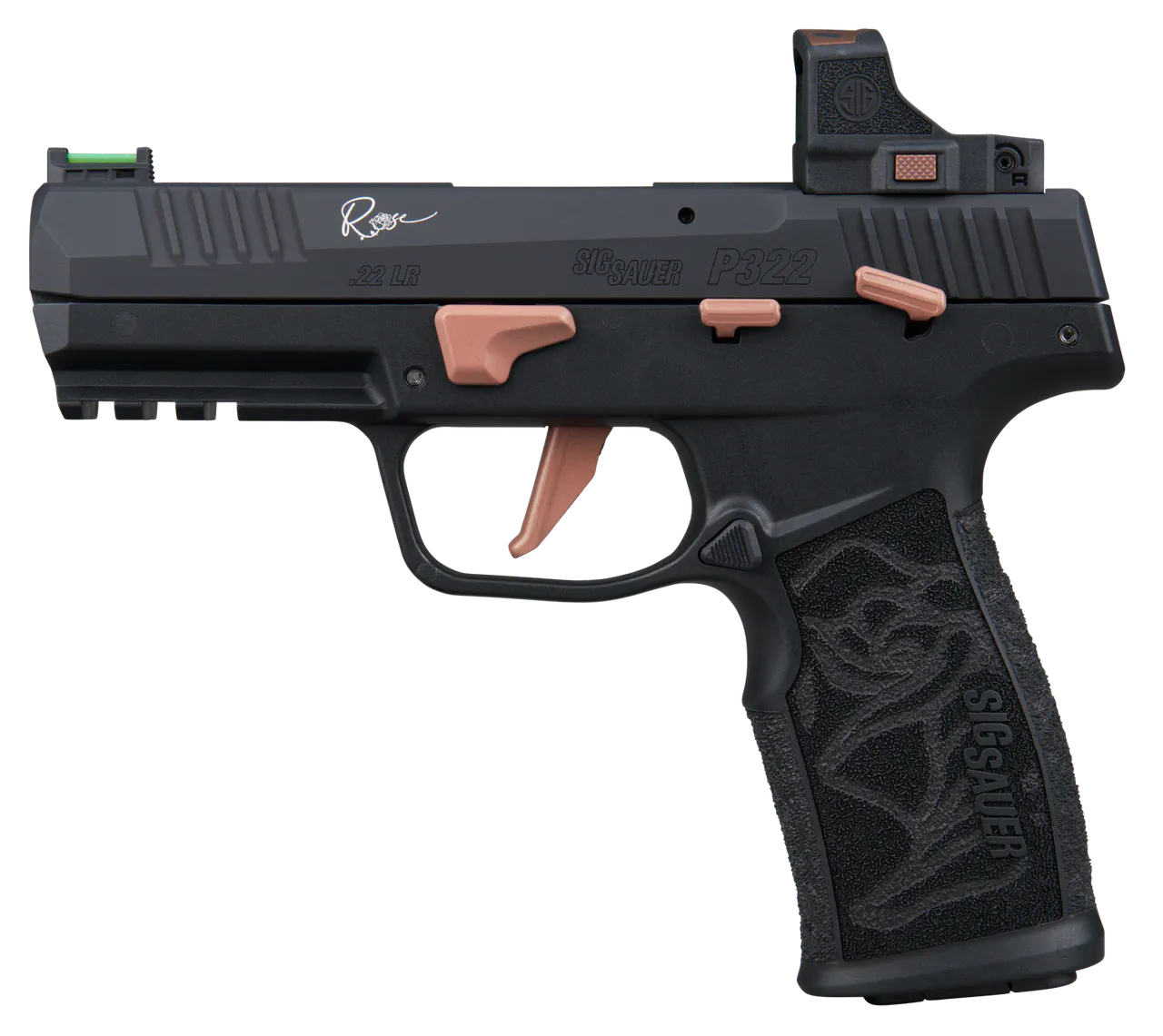 Sig Sauer 322CROSERS P322 Rose w/Optic 22 LR 20+1 4" Black Barrel, Black Anodized Serrated w/Optic Slide, Black Stainless Steel Frame w/Picatinny Rail, Rose Laser Engraved Black Polymer Grip, Sig ROME
