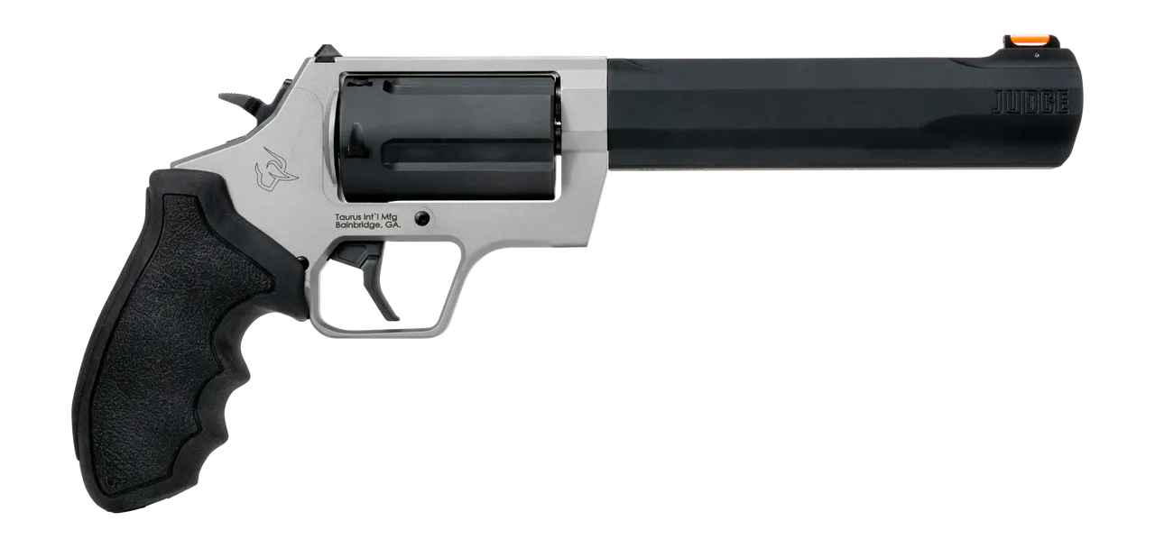 Taurus 2-JUDGE65 Judge 45 Long Colt/410 Gauge 5 Shot 6.50" Stainless Steel Barrel & Frame, Black Stainless Steel Cylinder, Black Rubber Grip, Transfer Bar Safety