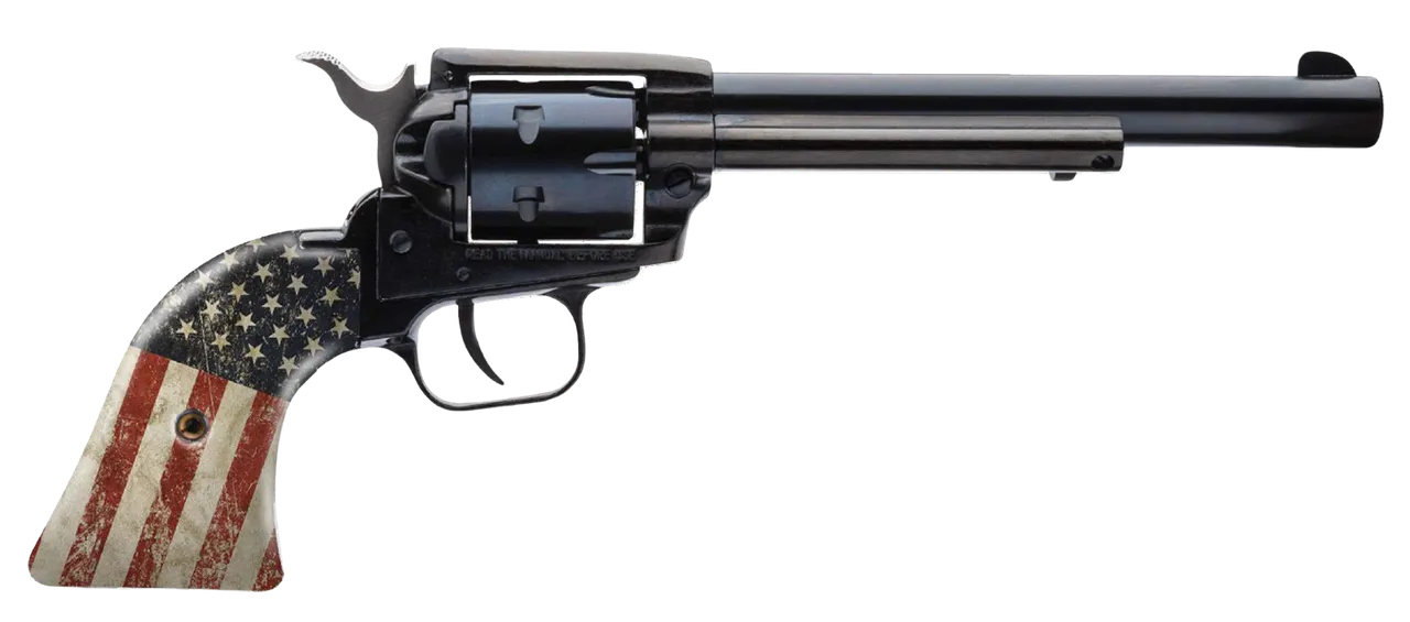 Heritage Mfg RR22B6-USF02 Rough Rider 22 LR 6 Shot 6.50" Black Steel Barrel & Cylinder, Black Oxide Zinc Alloy Frame, US Flag Grip
