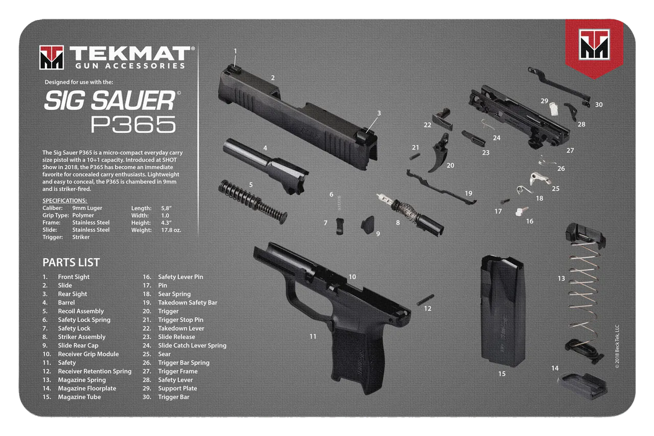 TekMat TEKR17SIG9365 Sig Sauer P365 Cleaning Mat Multi-Color Rubber 11"x17" Sig P365 Parts Diagram