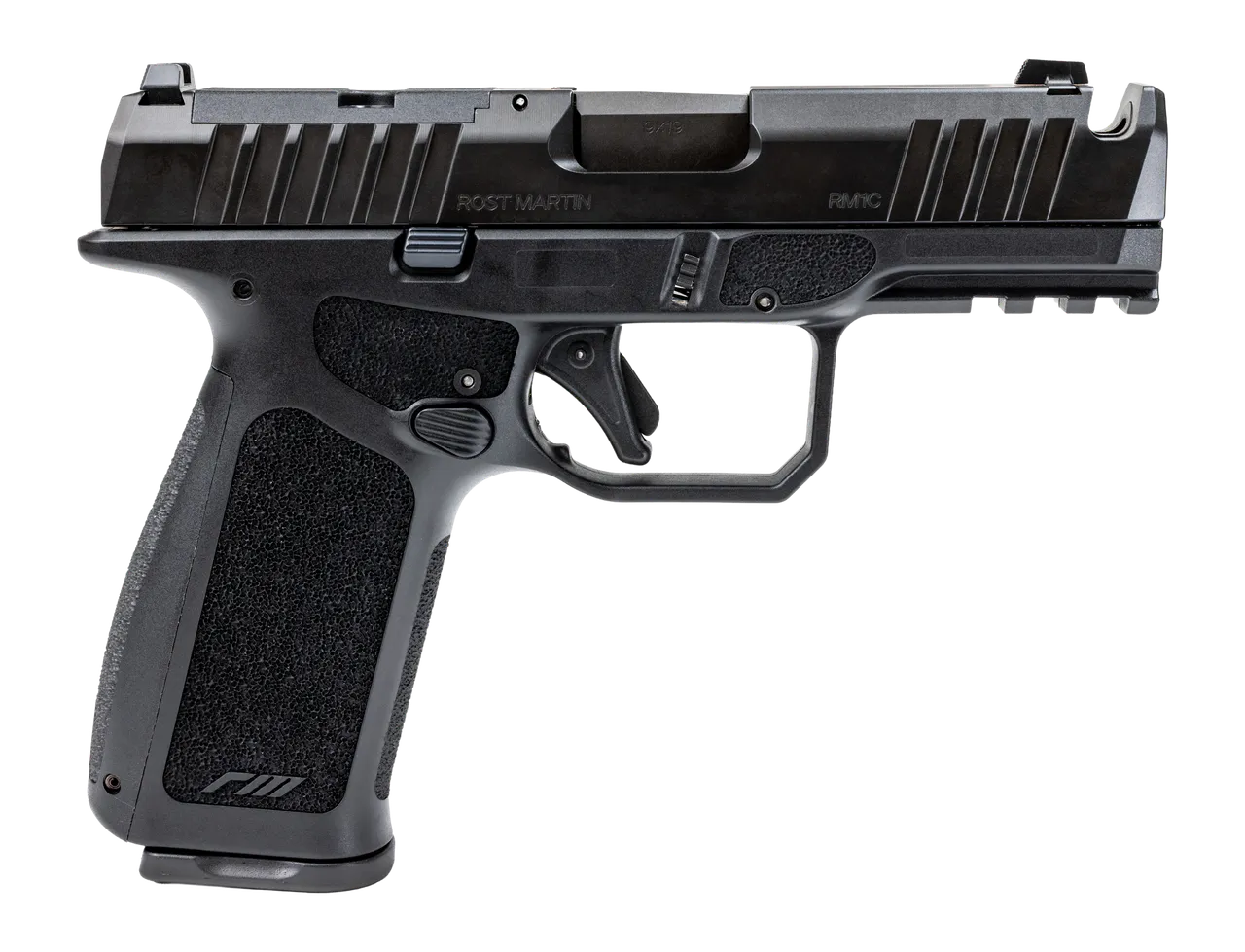 Rost Martin RM1CXBLKOSP10CA(COMP) RM1X Comp Compact 9mm Luger 10+1 4" Black Compensated Match Grade Barrel, Black Nitrocarburized Steel Optic Ready/Serrated Slide, Black Polymer Frame w/Picatinny Rail