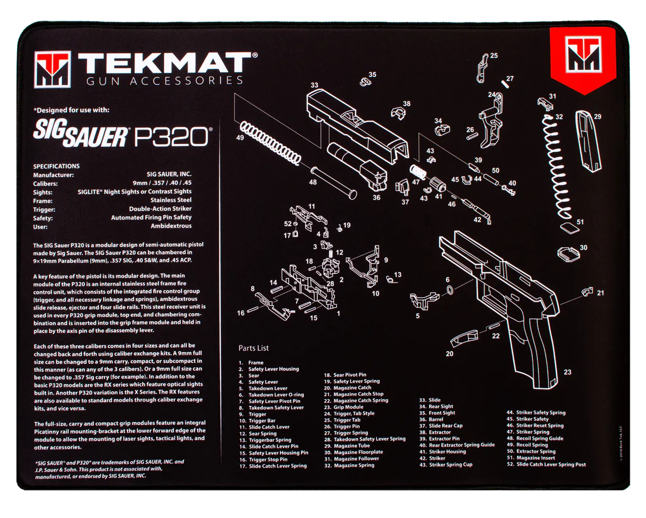 TekMat TEKR20SIGP320 Sig Sauer P320 Ultra 20 Cleaning Mat Black/White Rubber 15"x20" Sig P320 Parts Diagram
