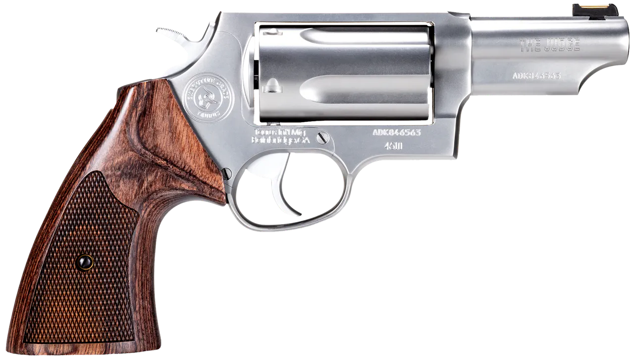 Taurus 2441EX039 Judge Executive Grade Medium Frame 45 Colt (LC) 410 Gauge 5rd 3" Hand Polished Satin Stainless Steel Barrel, Hand Polished Satin Stainless Steel Cylinder & Frame, Wood Grip