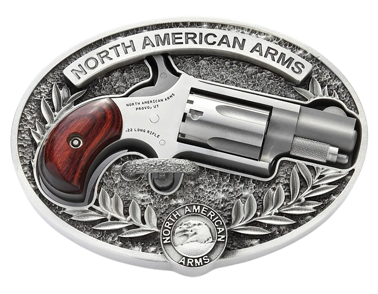 North American Arms 22LR-BBO Mini-Revolver w/Belt Buckle 22 LR 5 Shot 1.13" Stainless Steel Barrel, Frame & Cylinder, Rosewood Birdshead Grip, Exposed Hammer, Includes Custom Carry Belt Buckle
