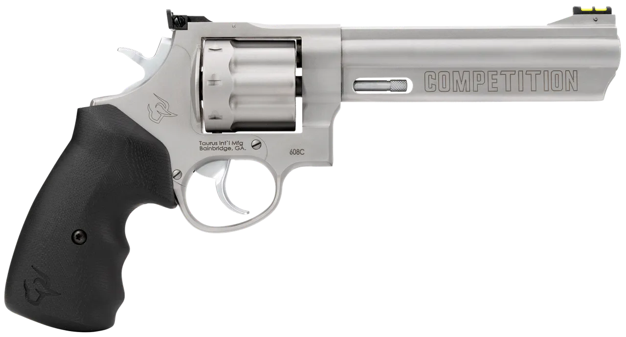 Taurus 2-608069CMP 608 Competition 357 Mag/38 Special +P 8 Shot 6" Matte Stainless Steel Barrel, Cylinder & Frame, Black Finger Grooved Grip, Transfer Bar Safety, Exposed Hammer