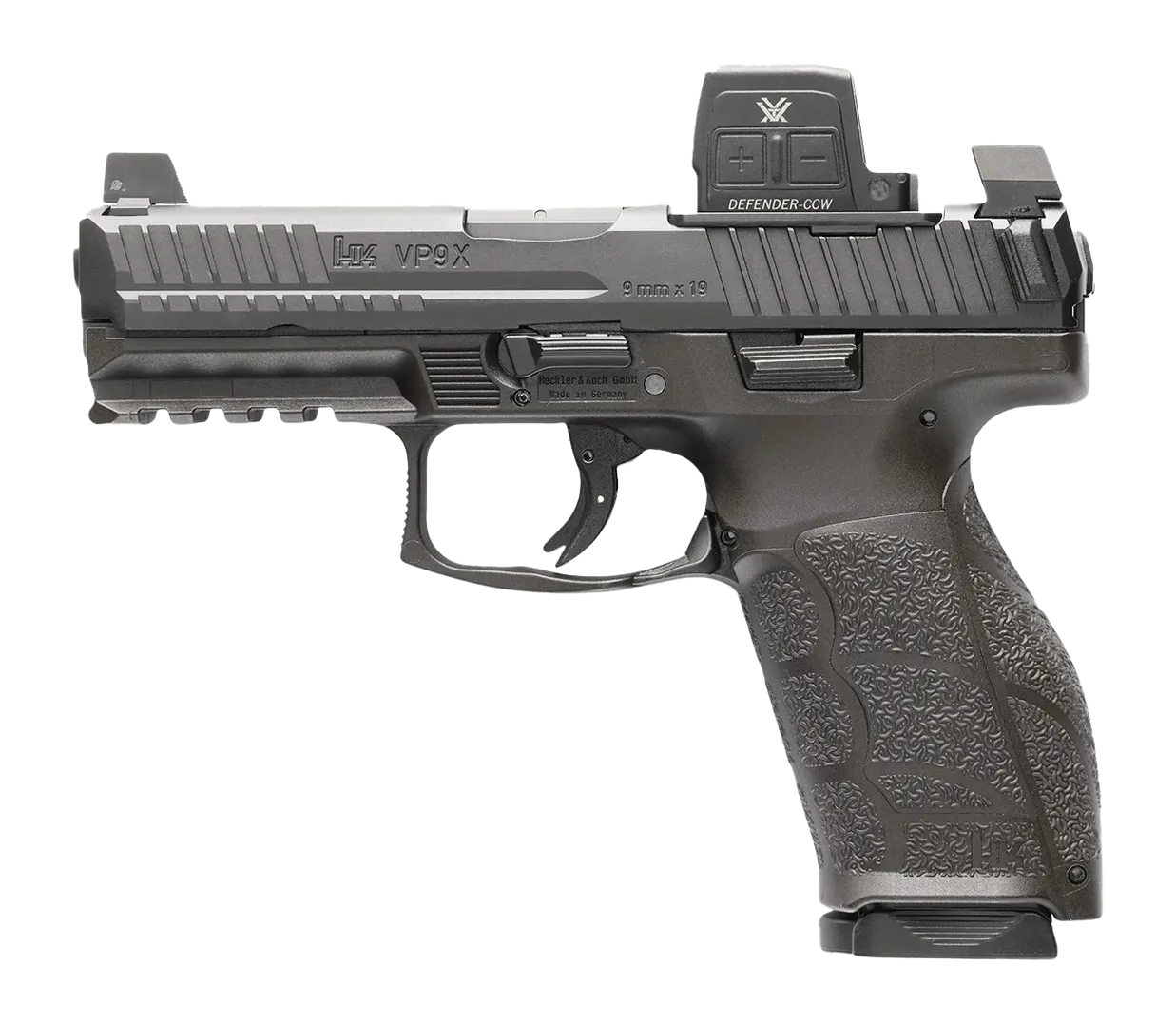 HK 81001357 VP9A1 X w/Optic Full Size Frame 9mm Luger 15+1 4.09" Black Barrel, Black Steel Serrated w/Optic Slide, Black Polymer Frame w/Picatinny Rail, Textured Grip, Vortex CCW