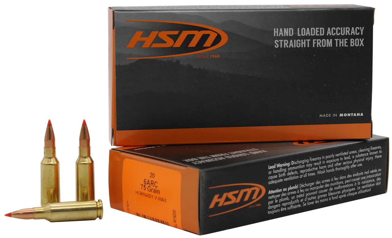 HSM 6ARC1N Centerfire Rifle V-Max 6mm ARC 75 gr Jacket Hollow Point 20 Per Box/ 25 Case
