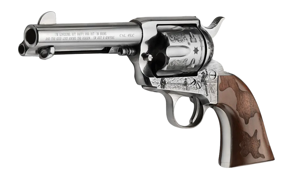 Pietta PFI45CP434EW Cowpoke 45 Colt (Long Colt) 6 Shot 4.75" Nickel Barrel, Nickel Engraved Cylinder & Frame, Cowhide Walnut Engraved Grip, Exposed Hammer