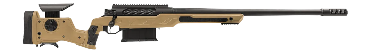 Cadex Inc CDXBMGQUA5029HI20I1J5N BMG Quake  50 BMG 3+1 29" Black DLC Match Grade Threaded Barrel, Black DLC Receiver w/Picatinny Rail, Adj Cheek Piece & LOP Hybrid Tan Polymer Stock