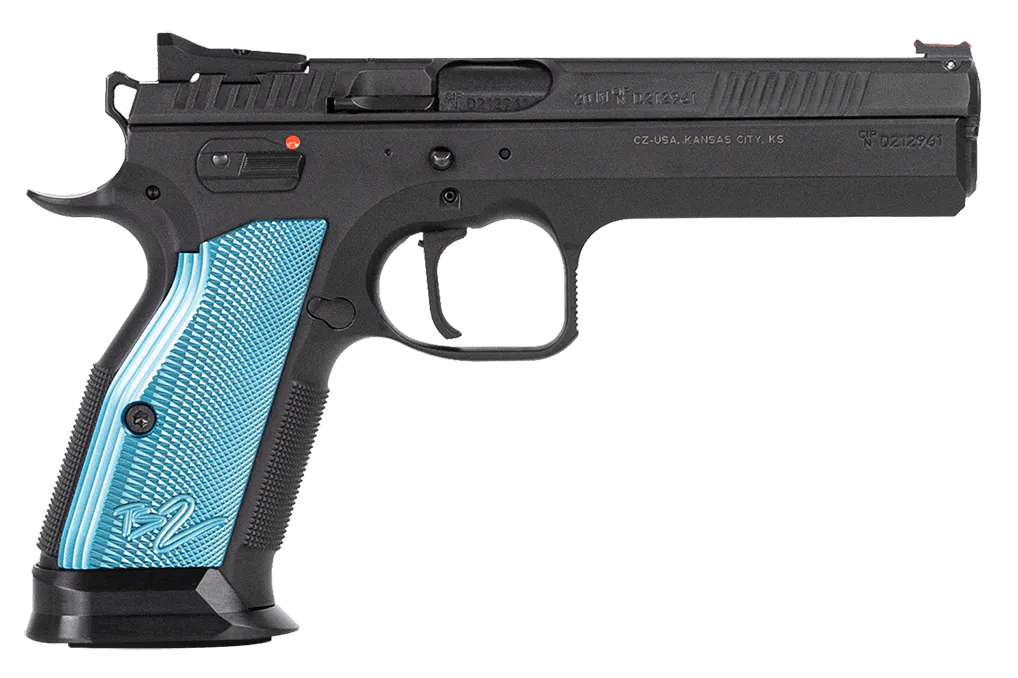 CZ-USA 91222 TS 2 40 S&W 17+1 5.28" Black Steel Barrel, Black Serrated Steel Slide, Black Polycoat Steel Frame w/Beavertail, Blue Checkered Aluminum Grip, Ambidextrous