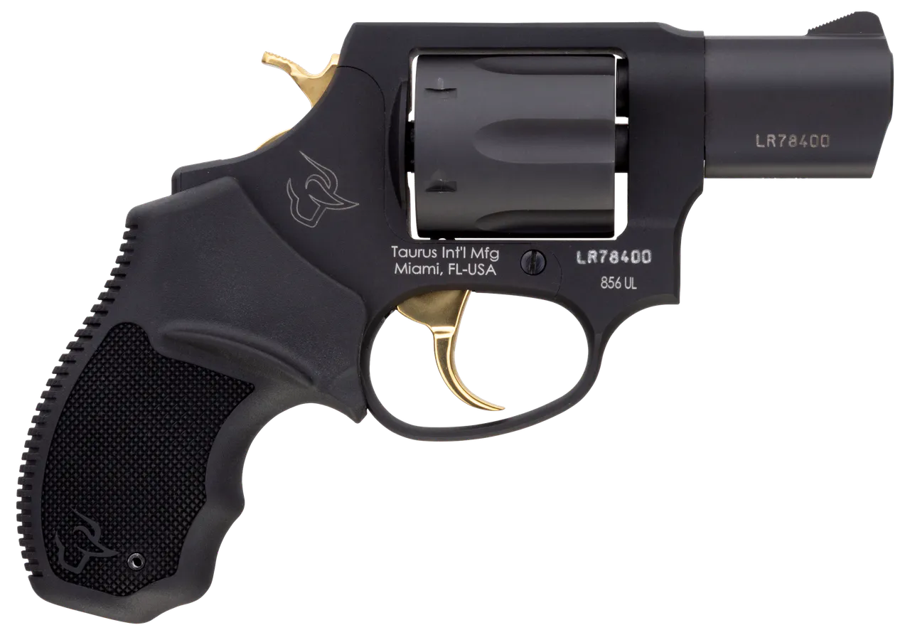 Taurus 2-856021ULGLD 856 Ultra-Lite 38 Special Caliber with 2" Barrel, 6rd Capacity Cylinder, Overall Matte Black Metal Finish, Gold Trigger/Hammer Frame & Finger Grooved Black Rubber Grip
