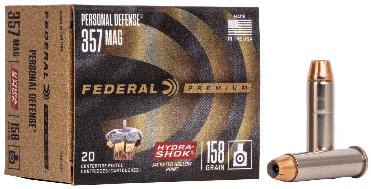 Federal P357HS1 Premium Personal Defense 357Mag 158gr Hydra-Shok Jacketed Hollow Point 20 Per Box/25 Case