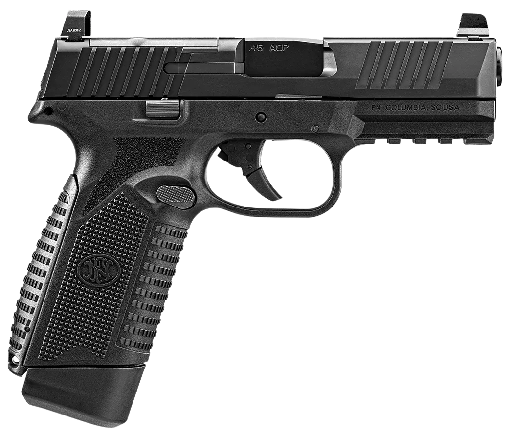 FN 66101389 545 MRD Full Size 45 ACP 10+1 4.10" Black Target Crown Steel Barrel, Black PVD Optic Cut/Serrated Steel Slide & Polymer Frame w/Picatinny Rail, Ambidextrous