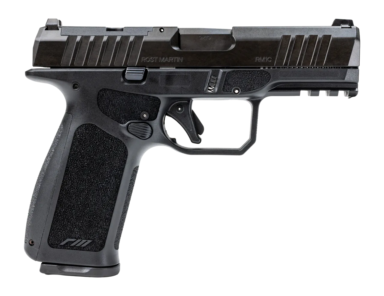 Rost Martin RM1CXBLKOSP10CA RM1X *CA Compliant Compact 9mm Luger 10+1 4" Black Match Grade Barrel, Black Nitrocarburized Steel Optic Ready/Serrated Slide, Black Polymer Frame w/Picatinny Rail, Interch