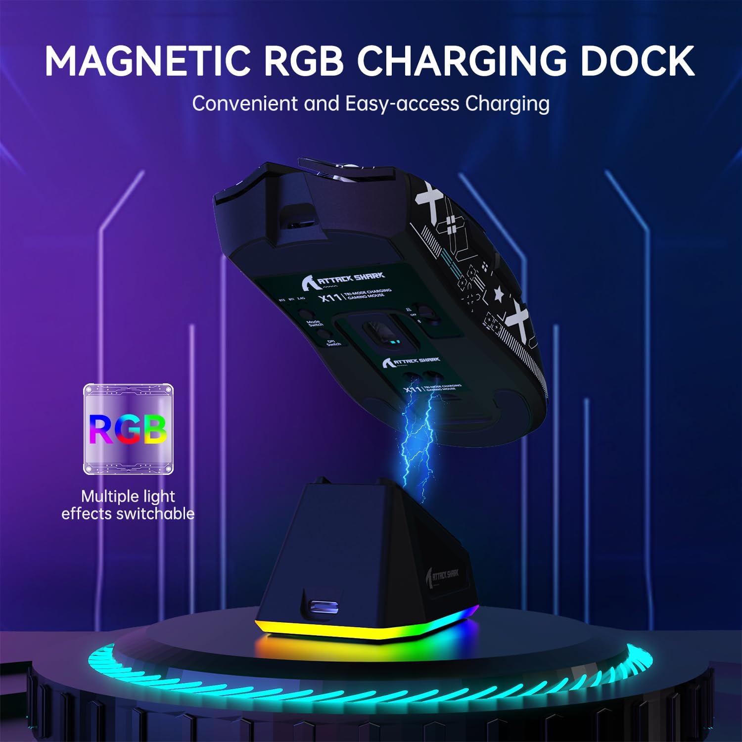 ATTACK SHARK X11 Mouse sem fio leve, 62g, RGB, conexão tri-modo (2.4G/USB-C/BT), 22K DPI, sensor PAW3311, 5 botões programáveis, base de carregamento RGB, compatível com PC/Mac-Preto+Tape — imagem 4 de 8