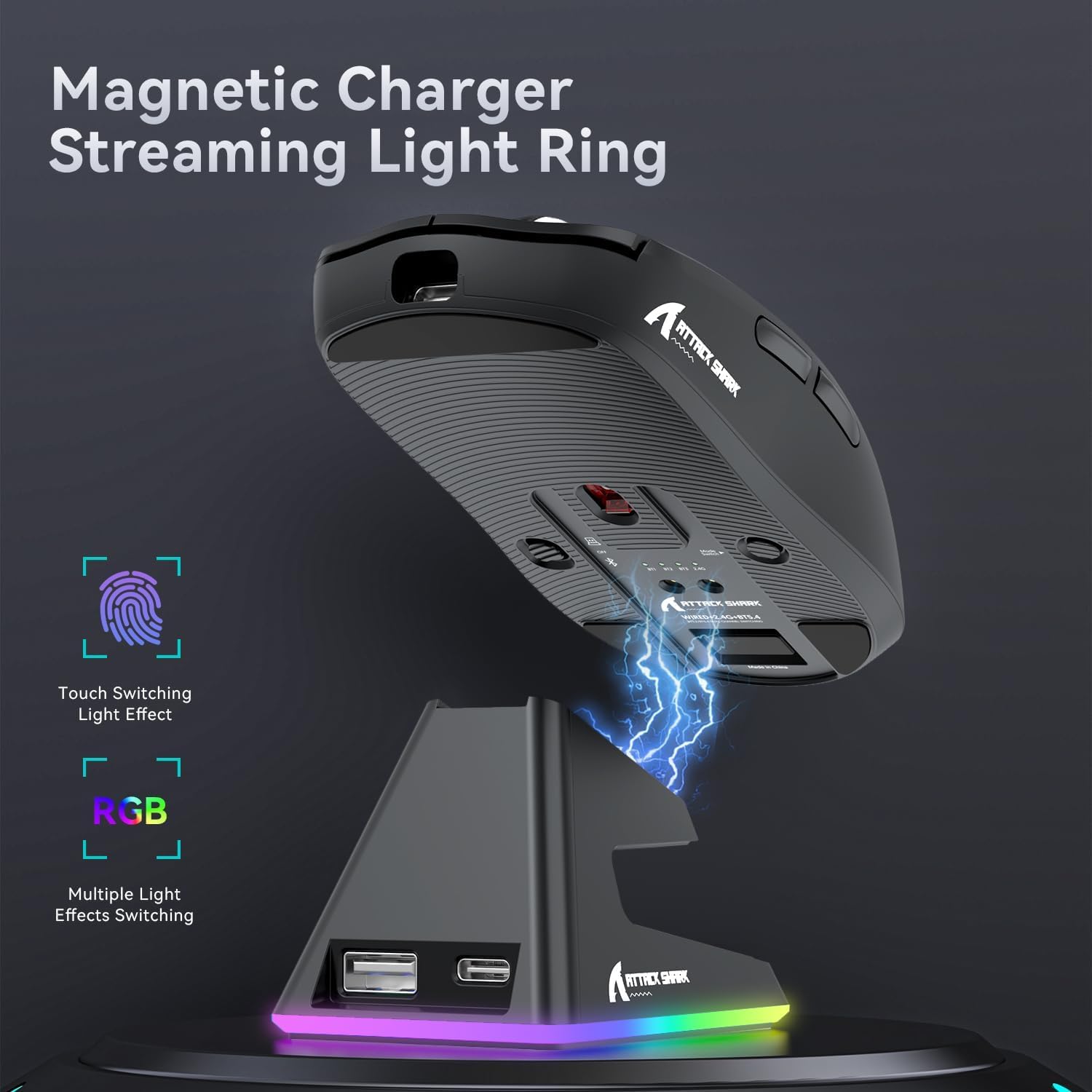 ATTACK SHARK X6 Mouse Sem Fio Leve para Gaming com Base de Carregamento RGB, Triplo Modo (Cabo/2.4GHz/BT5.2), 26K DPI, Sensor Óptico PAW3395, Switch HUANO, 5 Botões Programáveis, PC/Mac-Preto — imagem 4 de 9