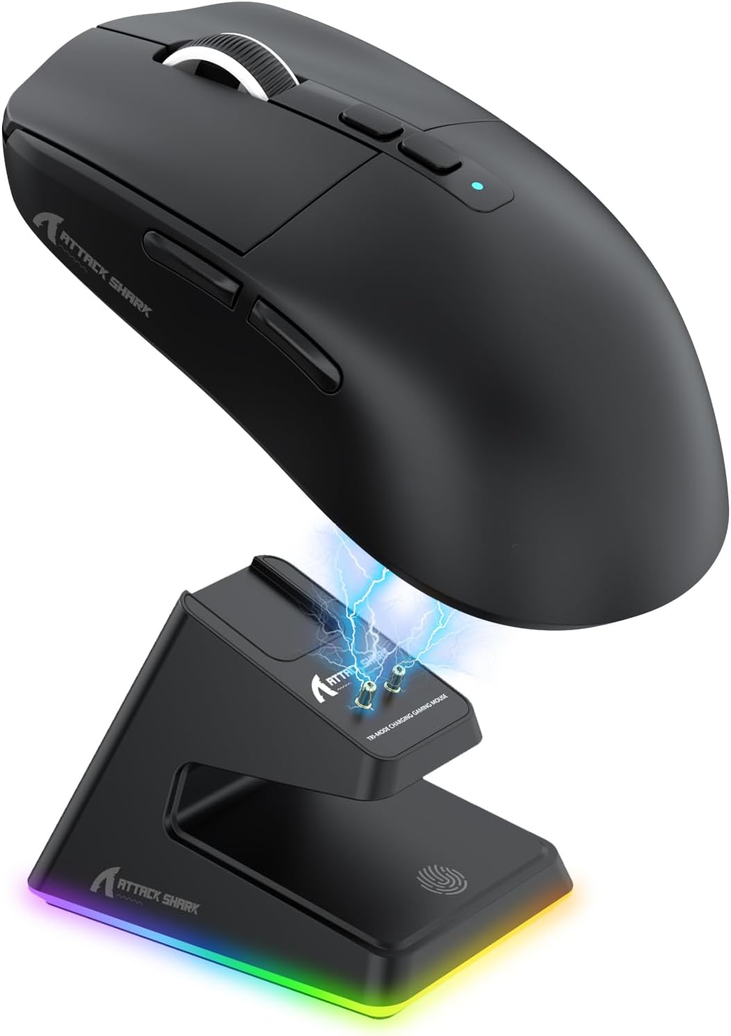 ATTACK SHARK X6 Mouse Sem Fio Leve para Gaming com Base de Carregamento RGB, Triplo Modo (Cabo/2.4GHz/BT5.2), 26K DPI, Sensor Óptico PAW3395, Switch HUANO, 5 Botões Programáveis, PC/Mac-Preto