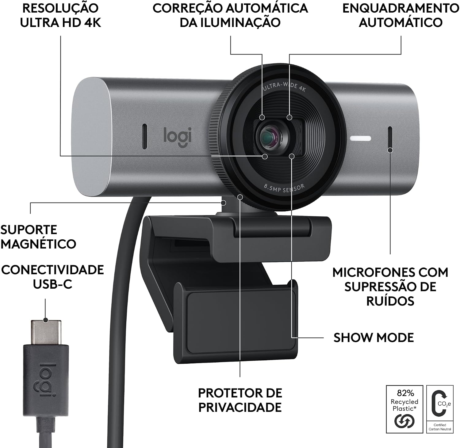 Webcam Ultra HD 4K Logitech MX Brio Com Microfones com Redução de Ruído, Qualidade de Imagem Aprimorada por IA, Protetor de Privacidade e Conexão USB-C - Grafite — imagem 4 de 7