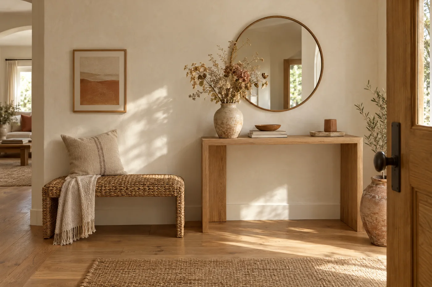 A welcoming entryway with a seagrass bench
