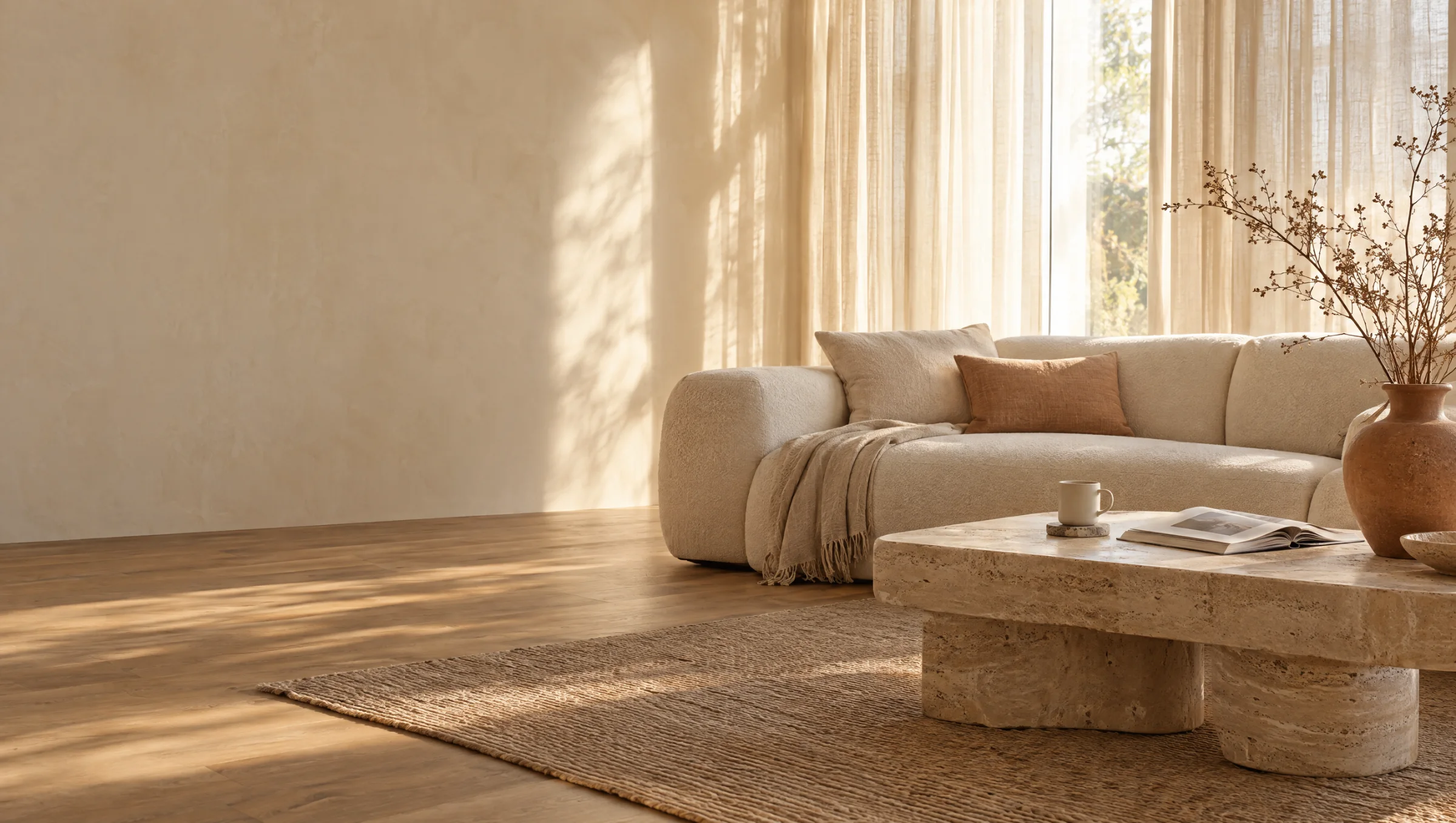 A sunlit living room with a cream bouclé sofa on a slow Sunday morning