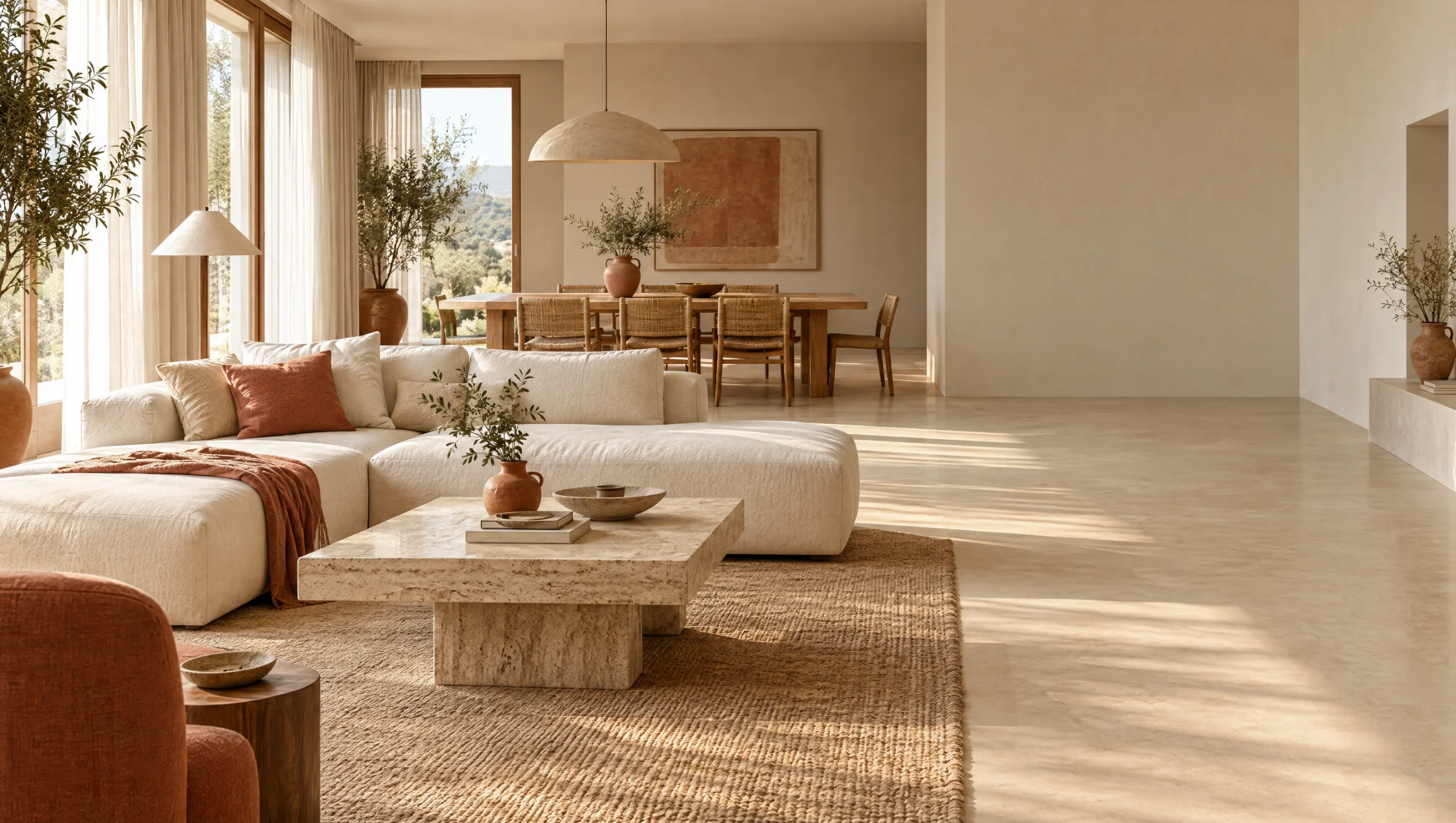 An open-plan living and dining room in warm morning light
