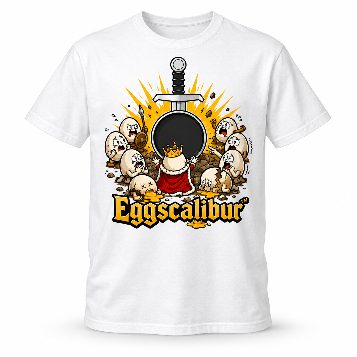 White CookWarriors official T-shirt, front studio mockup with the Eggscalibur artwork