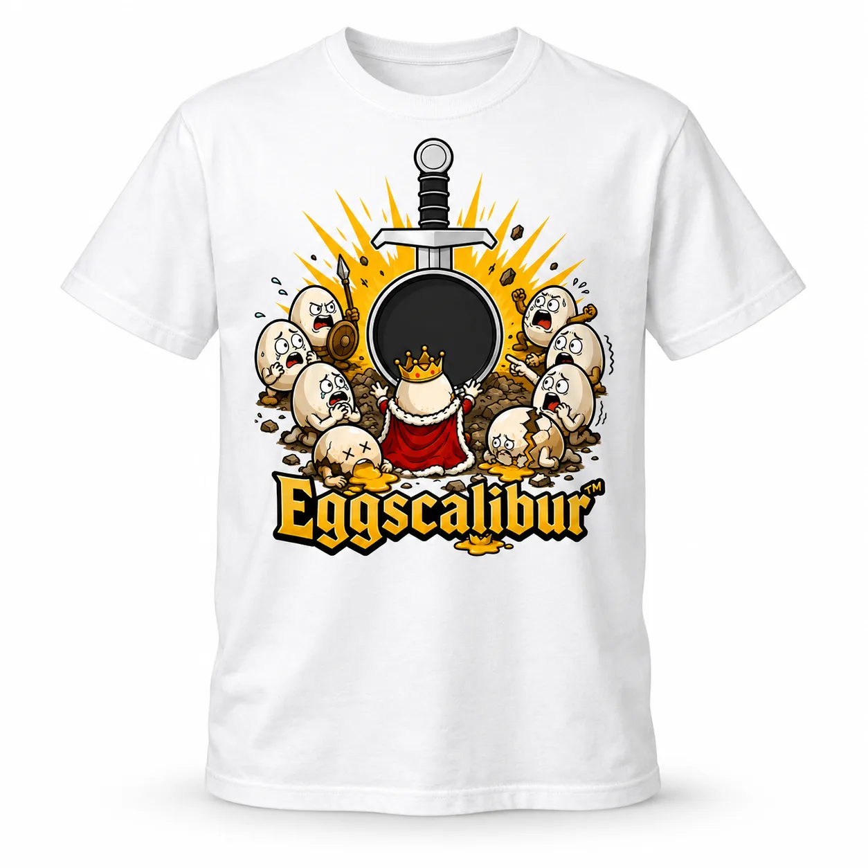 White CookWarriors official T-shirt, front studio mockup with the Eggscalibur artwork