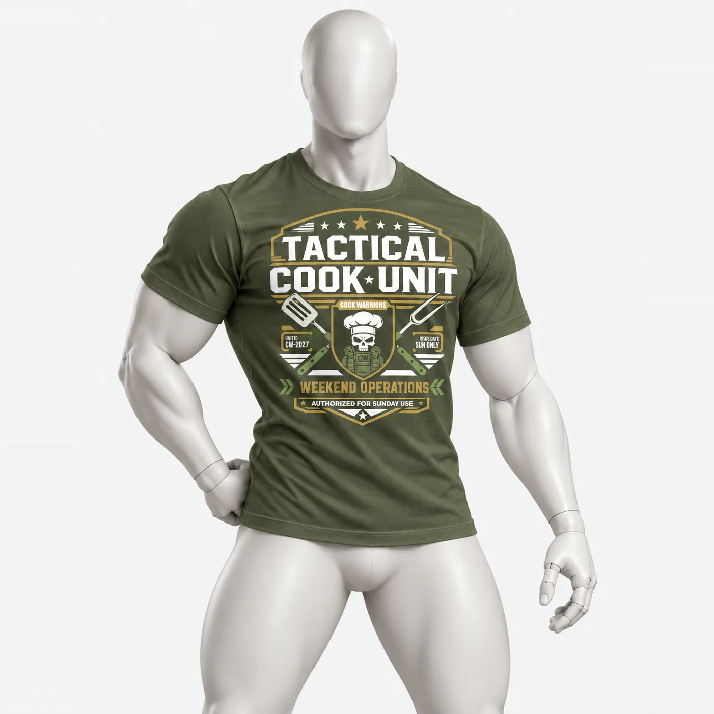 CookWarriors Tactical Cook Unit T-shirt in Military Green, front view with chef skull and crossed cooking tools.