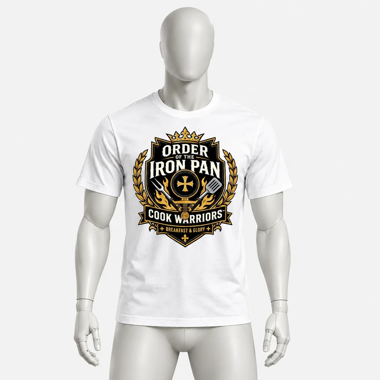 Front view of the White Order of the Iron Pan T-shirt on a grey mannequin, with the gold, black and cream CookWarriors crest.