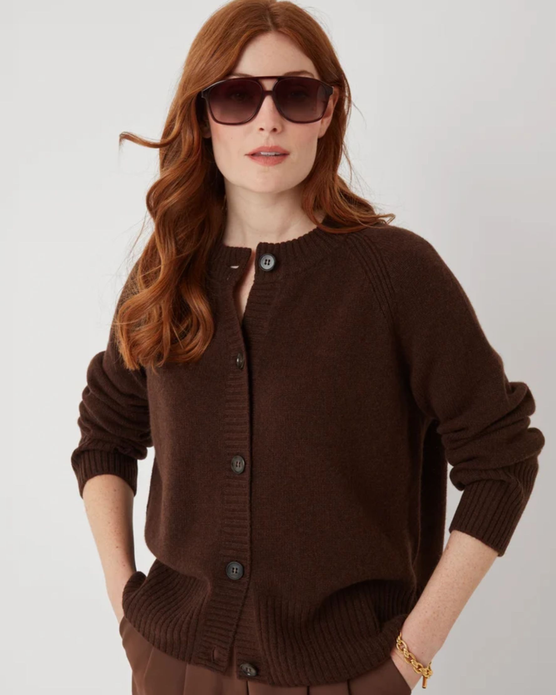 The Luxe Crew Cardigan in Americano Brown - alternate view
