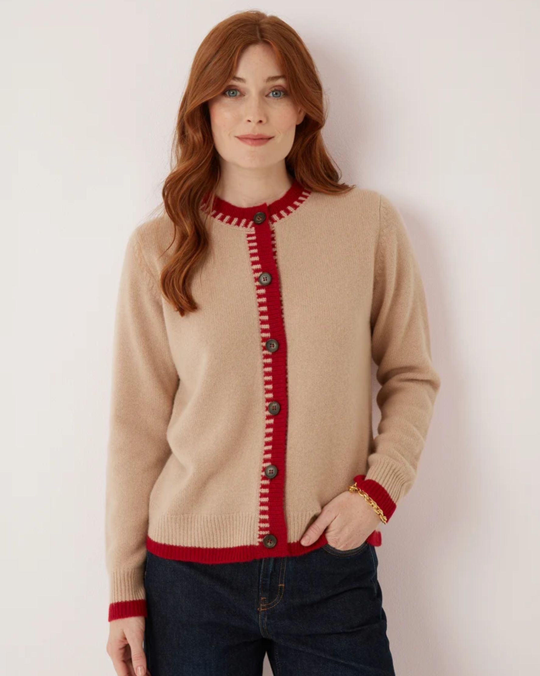 Cashmere Blanket Stitch Cardigan in Chanterelle