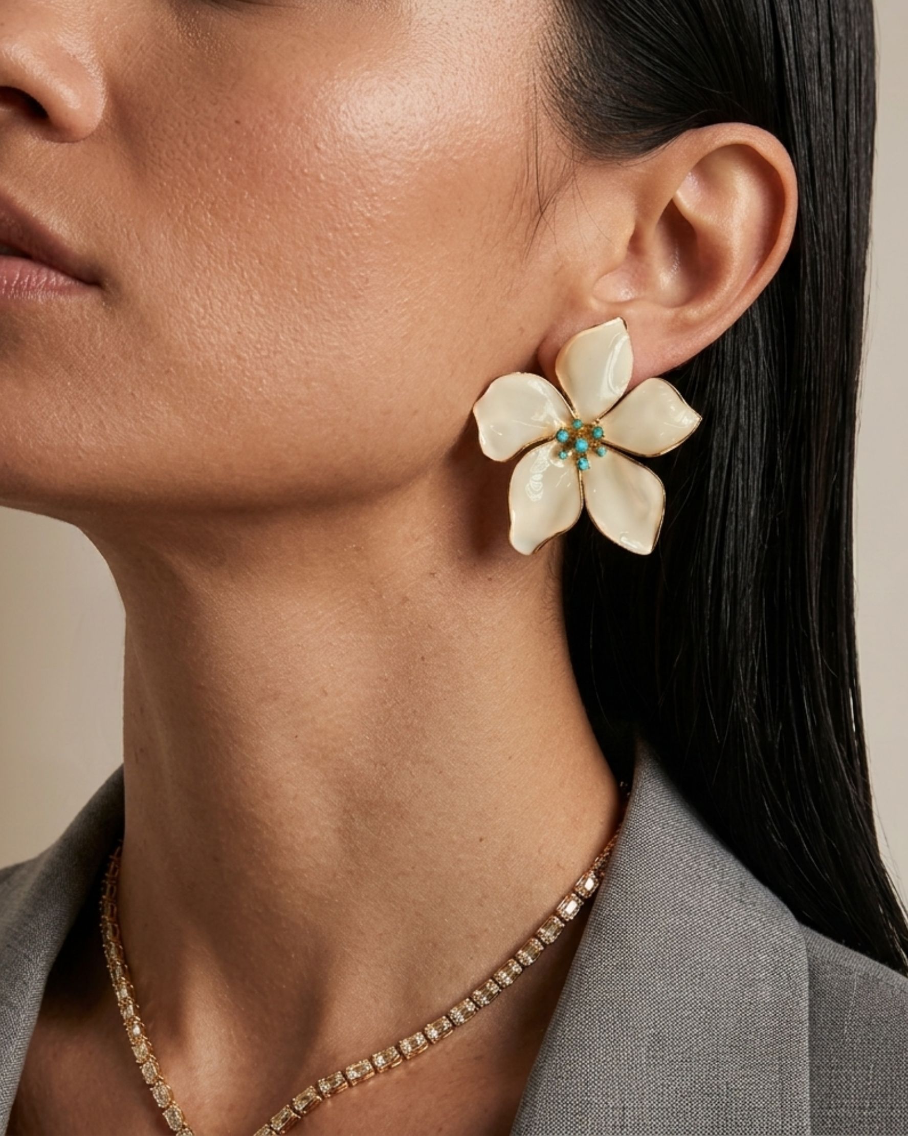 Flora White/Turquoise Earrings - alternate view