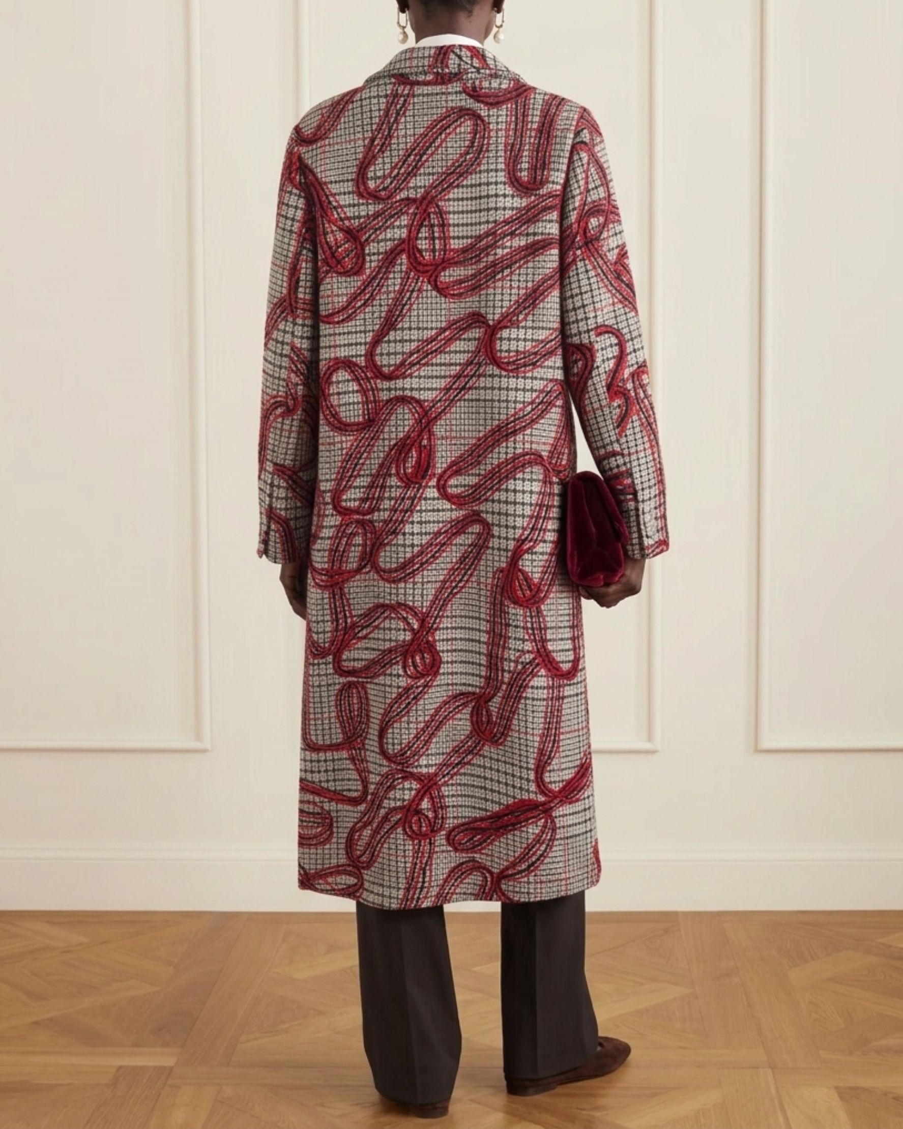 Abstract Line and Check Wool Coat  - alternate view
