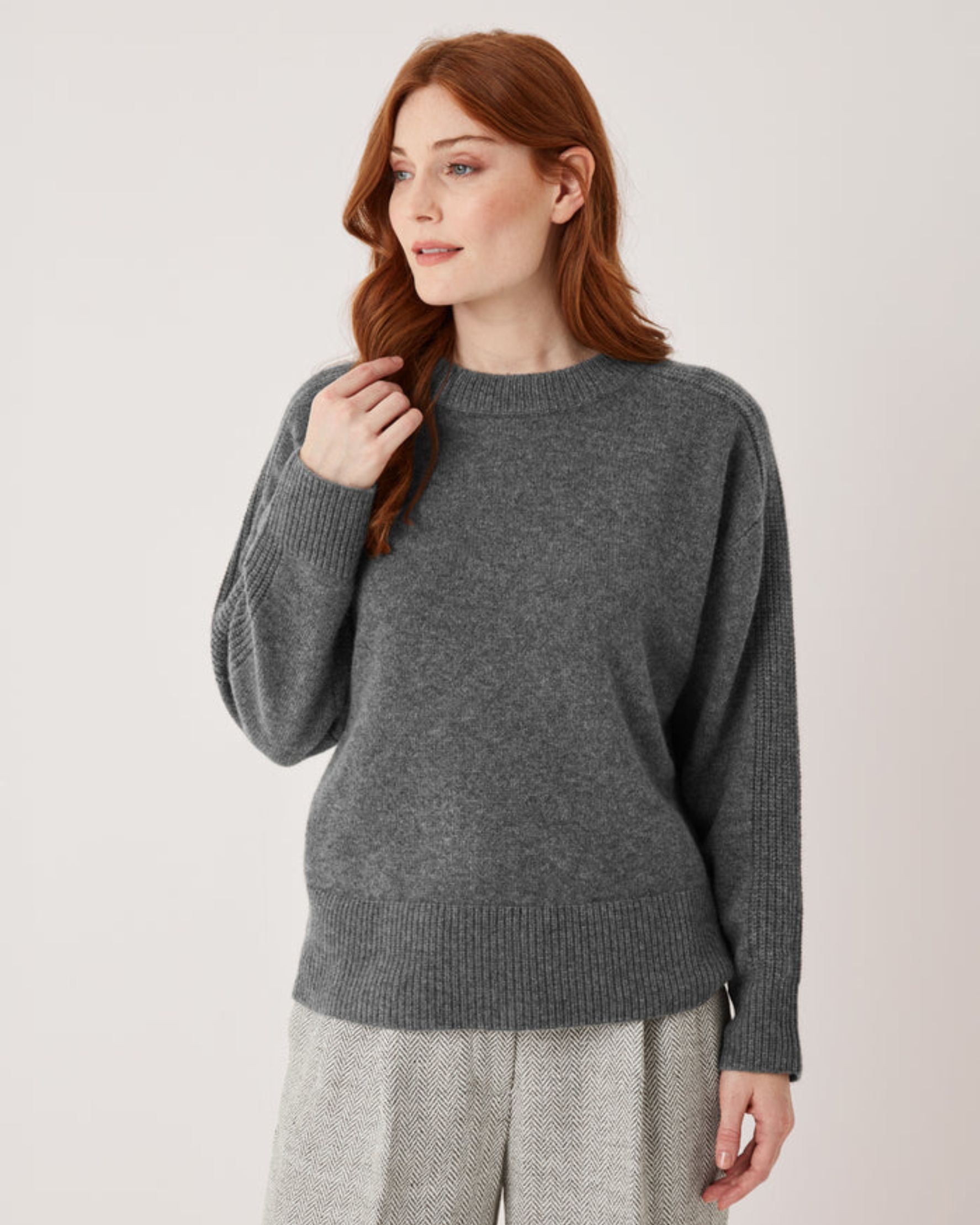Cashmere Longline Crew Neck Sweater in Pewter Grey - alternate view