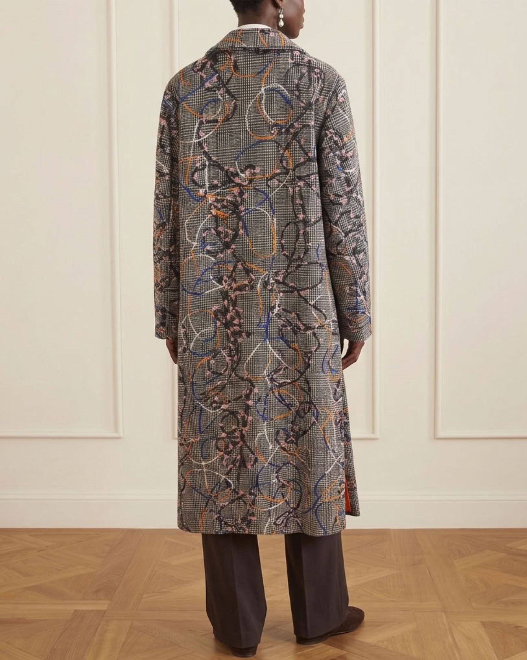Multicolour Abstract Line and Check Wool Coat - alternate view