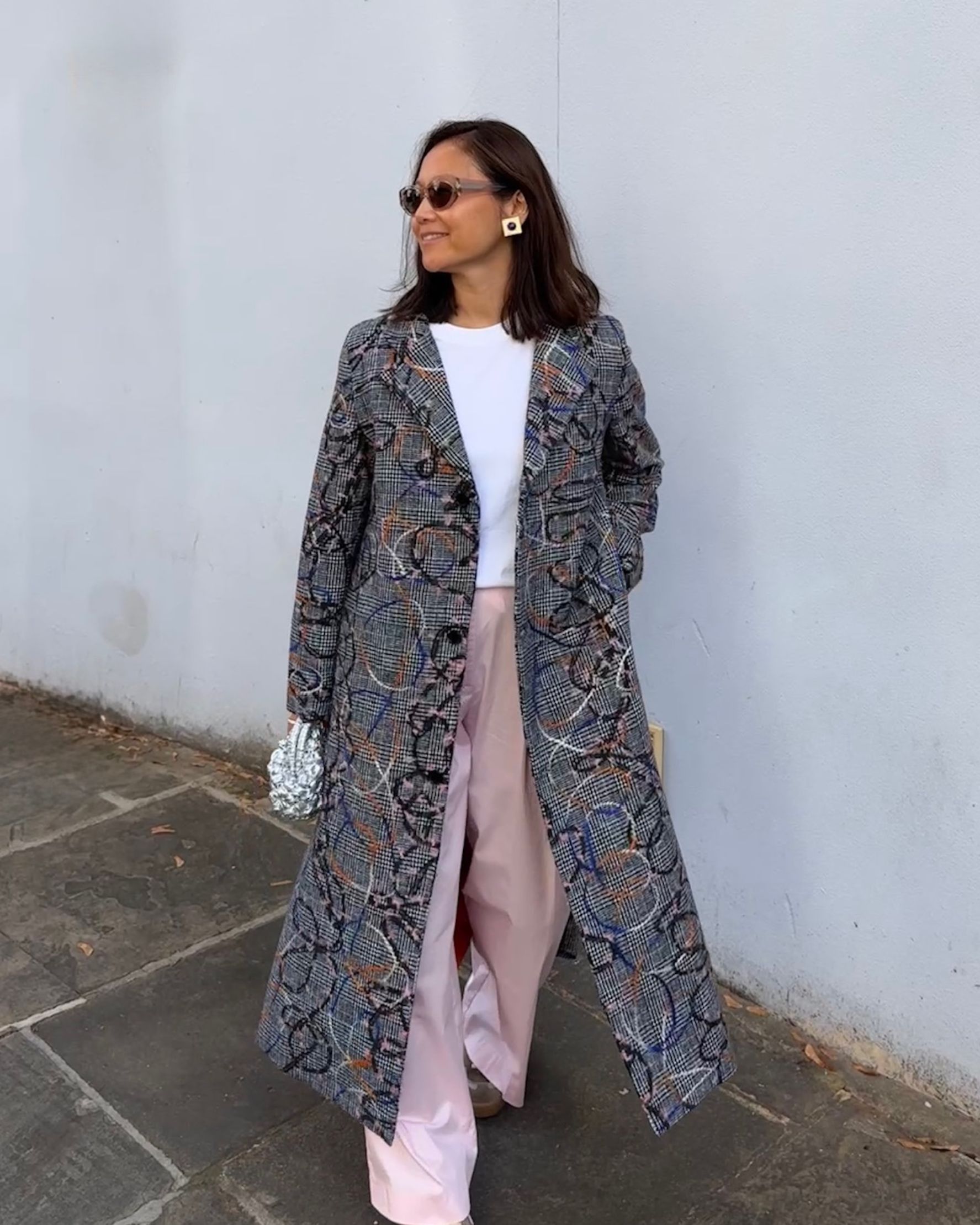 Multicolour Abstract Line and Check Wool Coat - alternate view