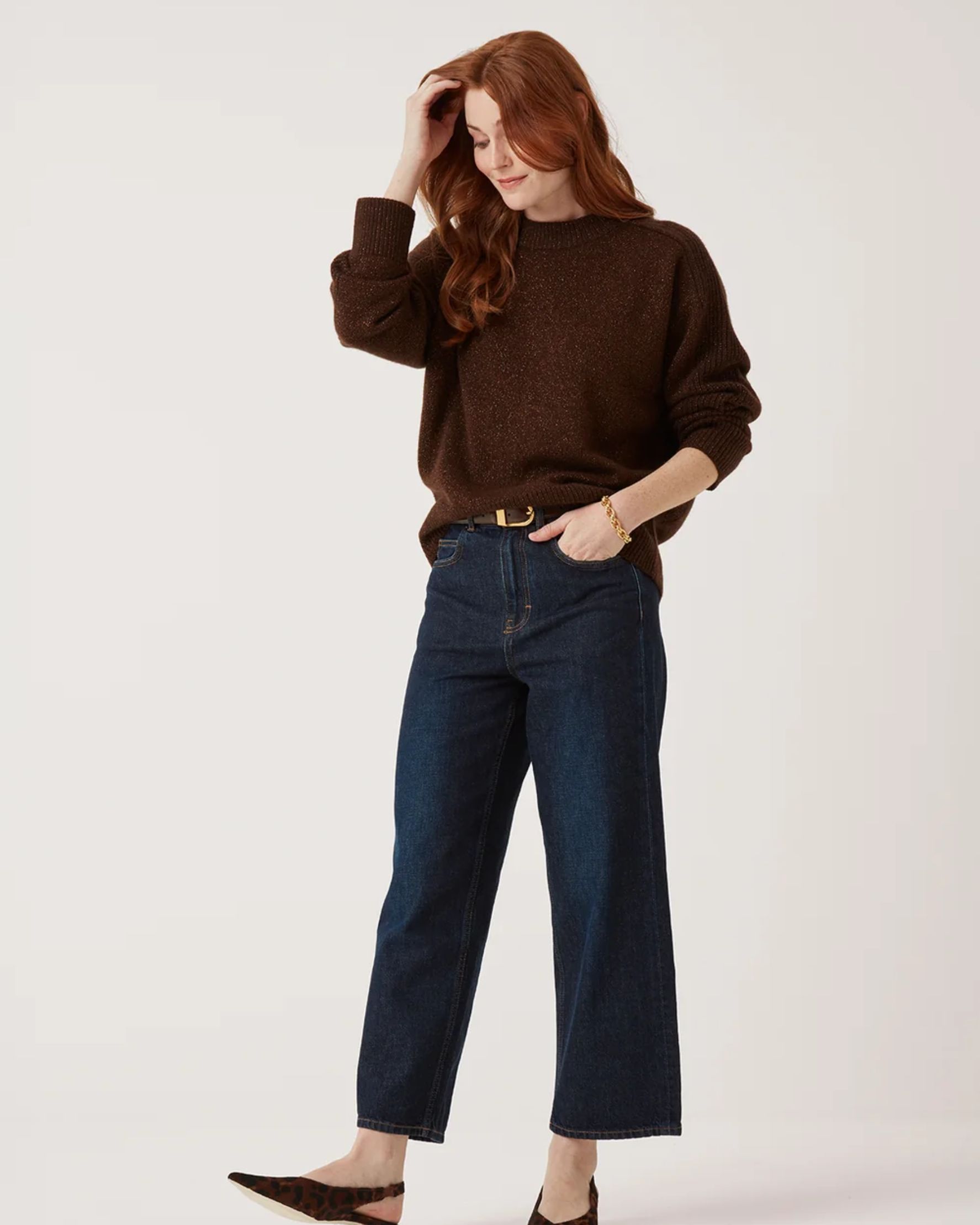 Cashmere Longline Crew Neck Sweater in Americano/Bronze Lurex - alternate view