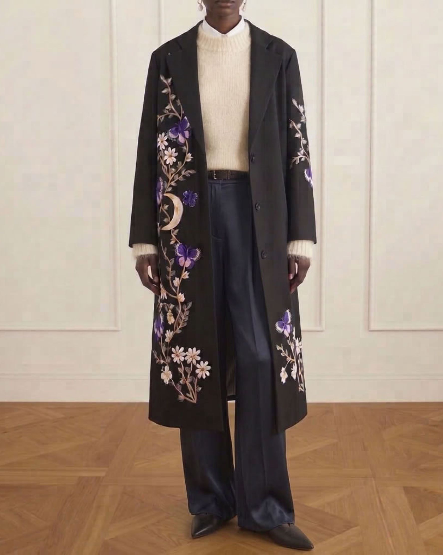 Purple Butterflies Black Linen Coat