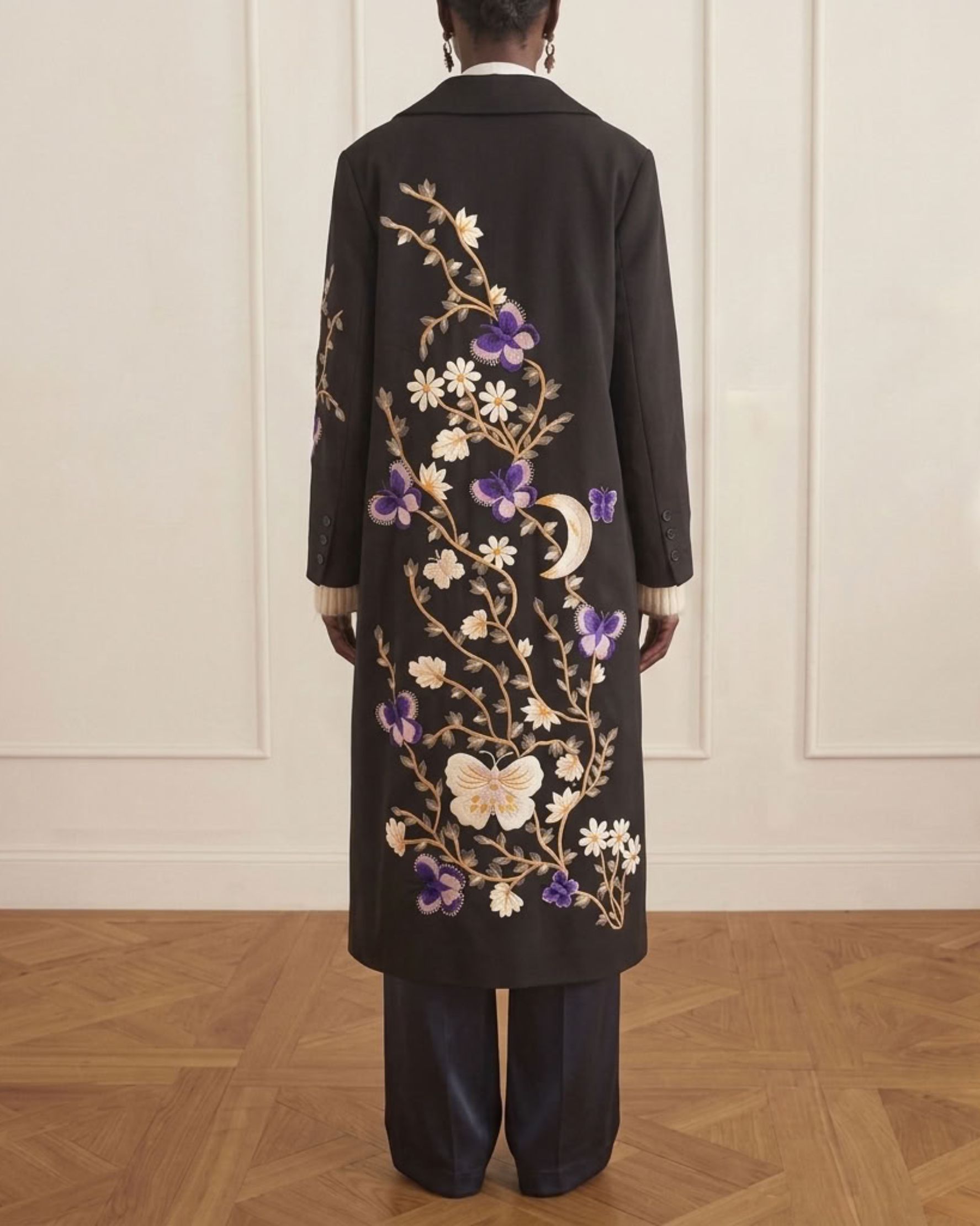 Purple Butterflies Black Linen Coat - alternate view