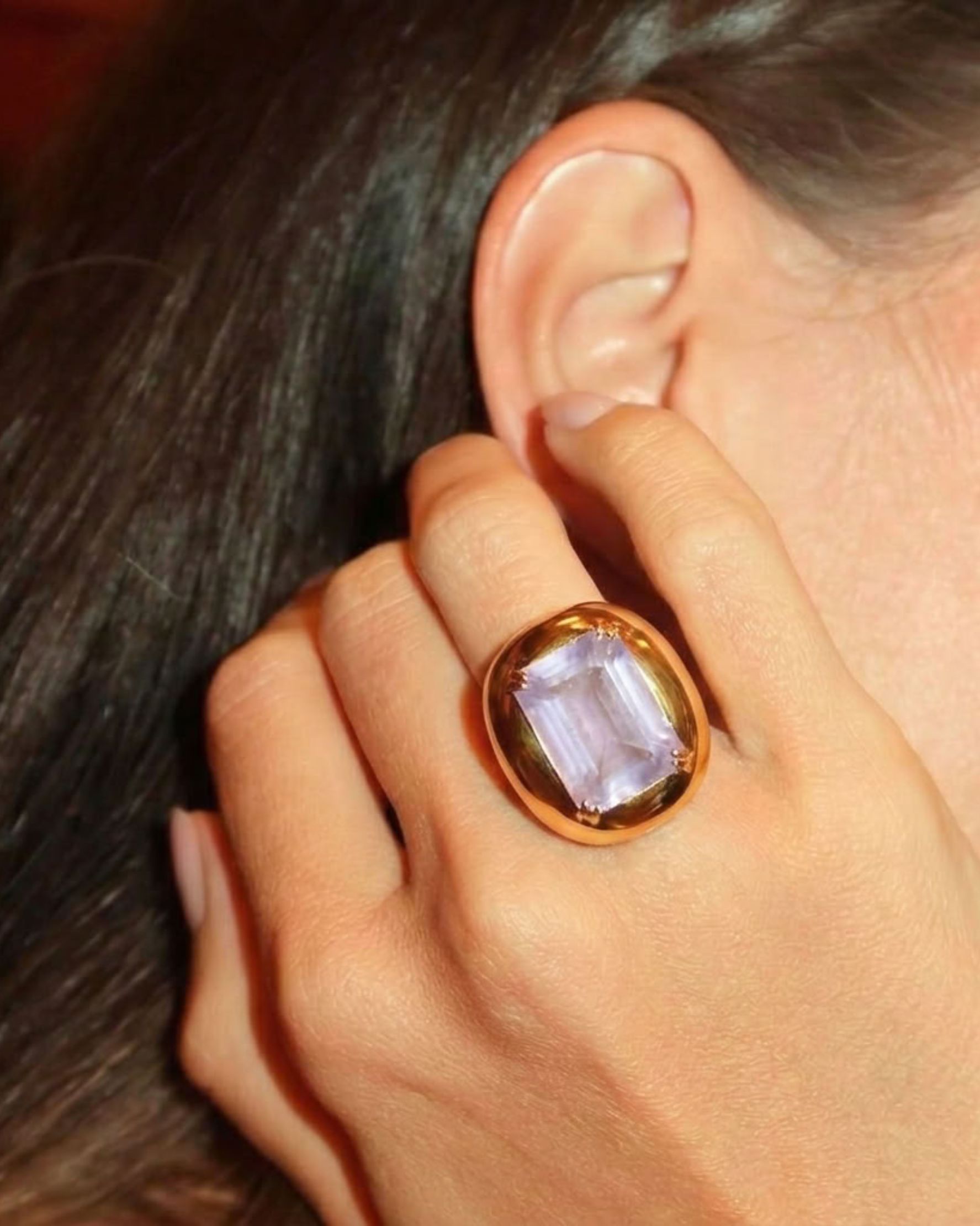Emerald Lavender Quartz Set Polished Bombe Ring - alternate view