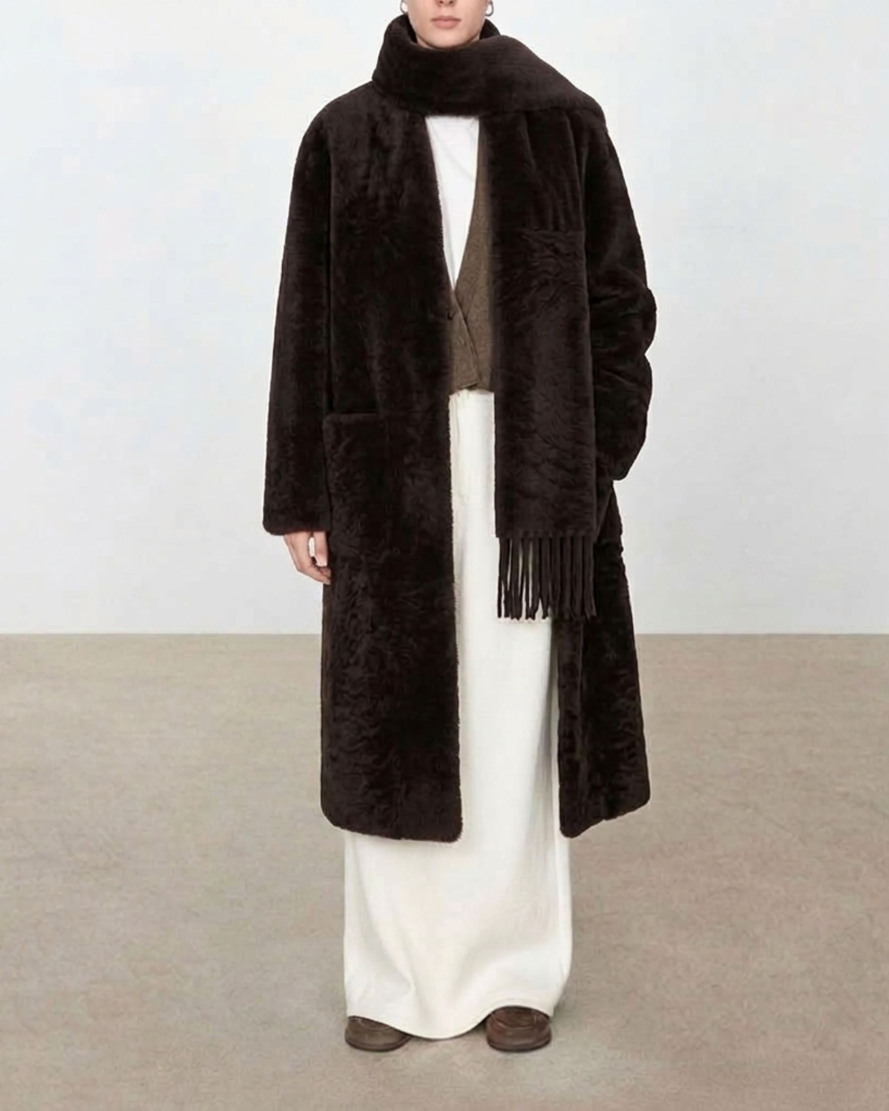 Polonaise Shearling Scarf Coat Dark Brown
