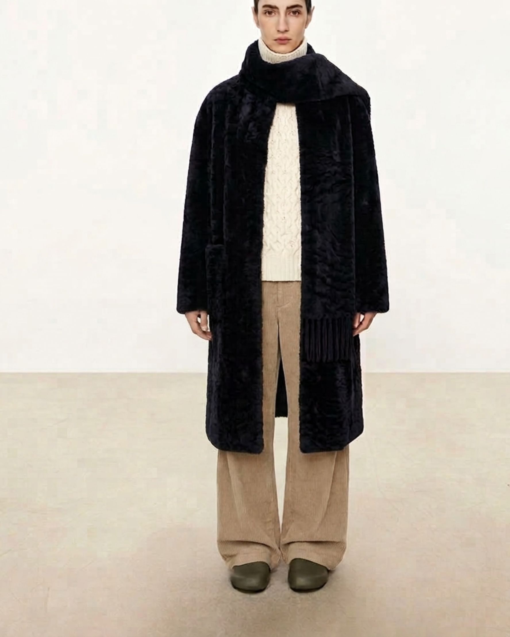 Polonaise Shearling Scarf Coat Navy