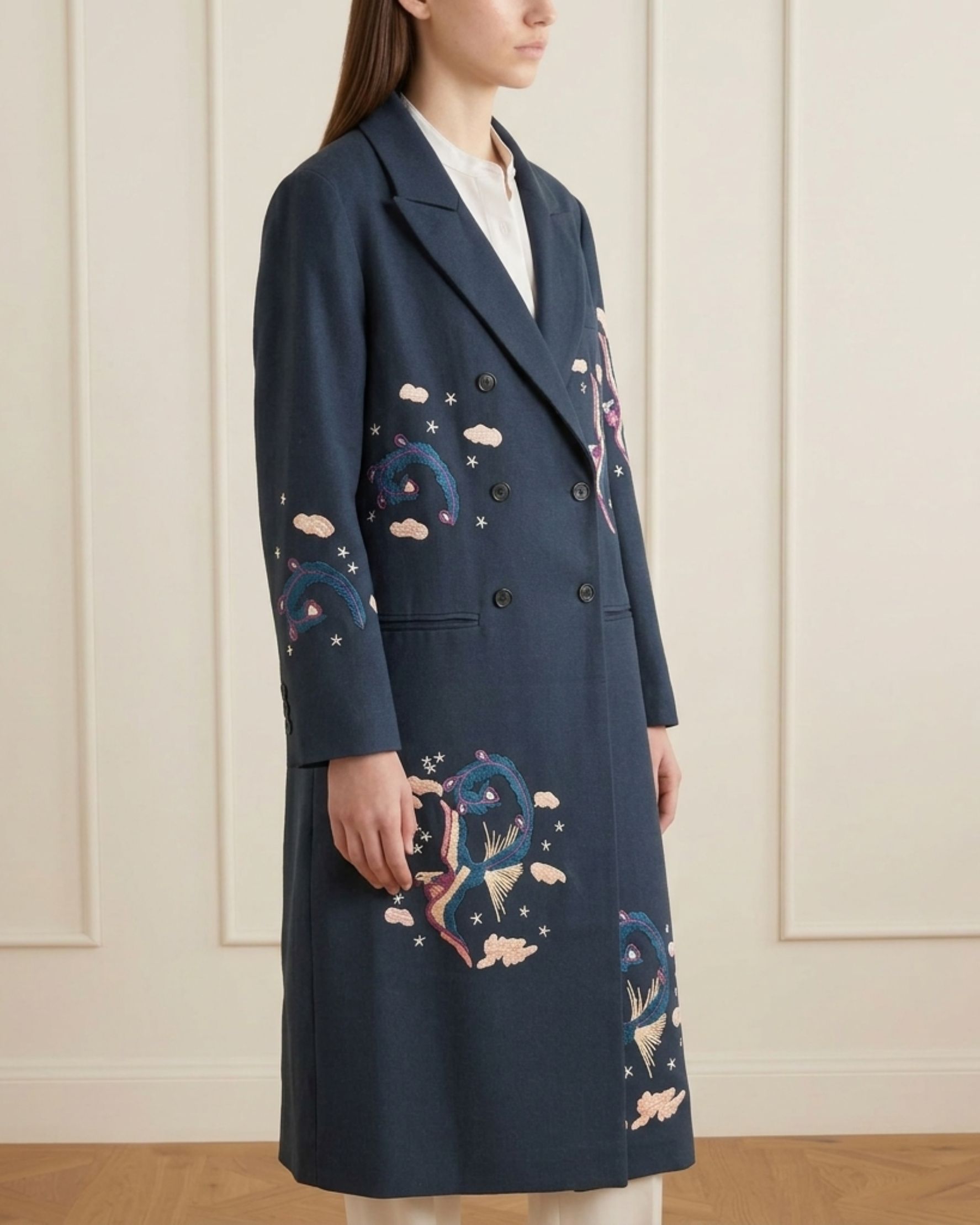 Phoenix Bird Linen Coat Blue - alternate view