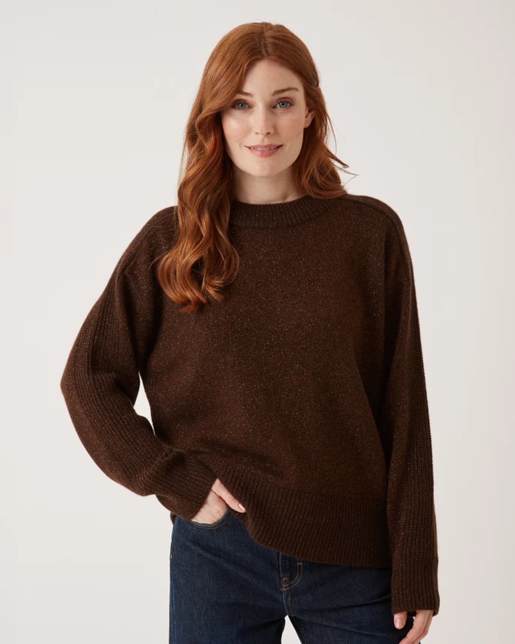 Cashmere Longline Crew Neck Sweater in Americano/Bronze Lurex