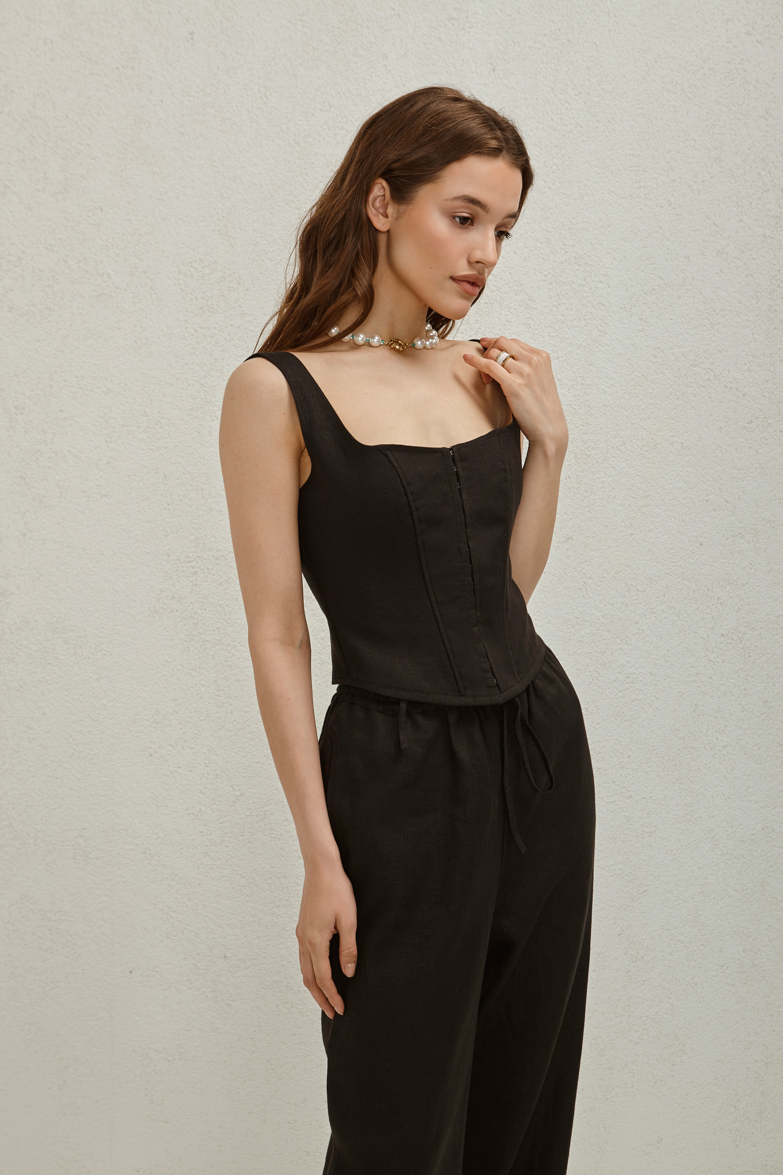 Elastic Waist Linen Trousers Black - alternate view